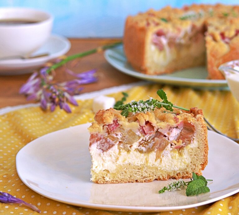 Ein Stück vom Rhabarberkuchen auf einem weißen Teller und einer gelb-blauen Tischdecke. Dahinter eine Tasse Kaffee und der angeschnittene Kuchen.  | © Shutterstock/ Happy_food_photo