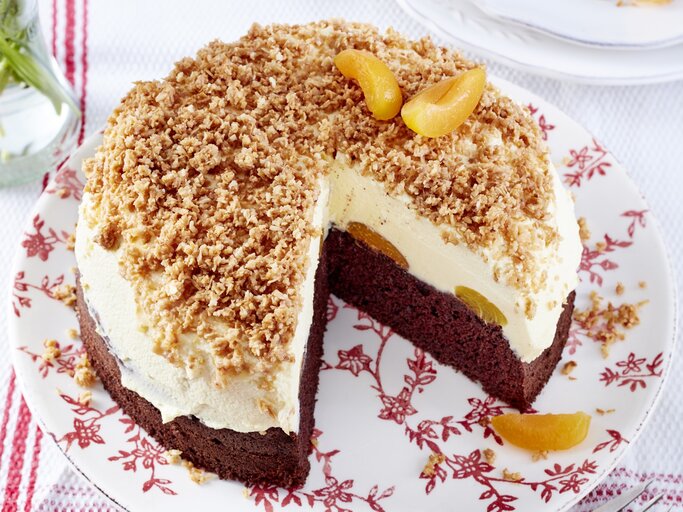 Sägespäne-Aprikosen-Torte mit einem Schokoladenboden, einer cremigen Füllung und einem knusprigen Dekor aus Kokosraspeln, angeschnitten auf einem blumigen Teller auf weißem Untergrund.  | © EAT CLUB / Isabell Triemer