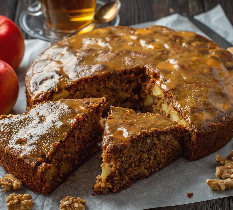 Glasierter Apfel-Walnusskuchen auf hölzernem Untergrund umgeben von den Hauptzutaten, einer Tasse und einem Messer.  | © Getty Images/iko636