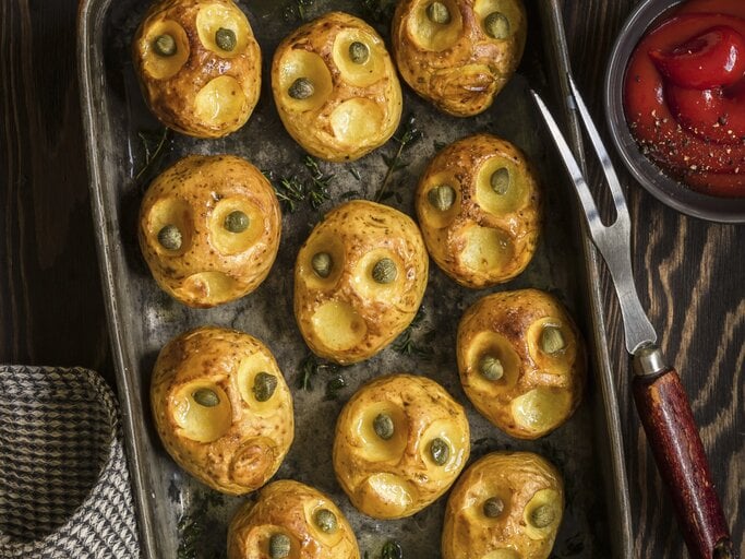 Halloween-Bratkartoffeln mit Kapernaugen, geschnitzt mit gruseligen Fratzen und serviert auf einem schwarzen Blech auf hölzernem Untergrund.  | © StockFood / Tatiana, Vorona