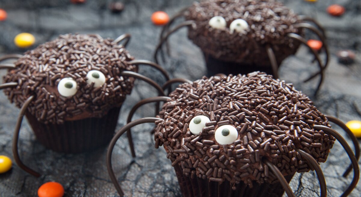 Süße Spinnen-Muffins mit Halloween auf dunklem Untergrund. Daneben liegen Schokolinsen in verschiedenen Farben. 