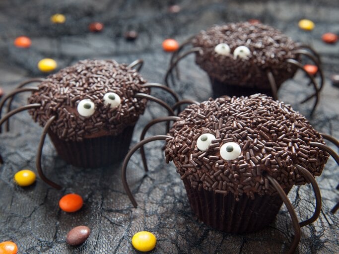 Süße Spinnen-Muffins mit Halloween auf dunklem Untergrund. Daneben liegen Schokolinsen in verschiedenen Farben.  | © Adobe Stock/azurita