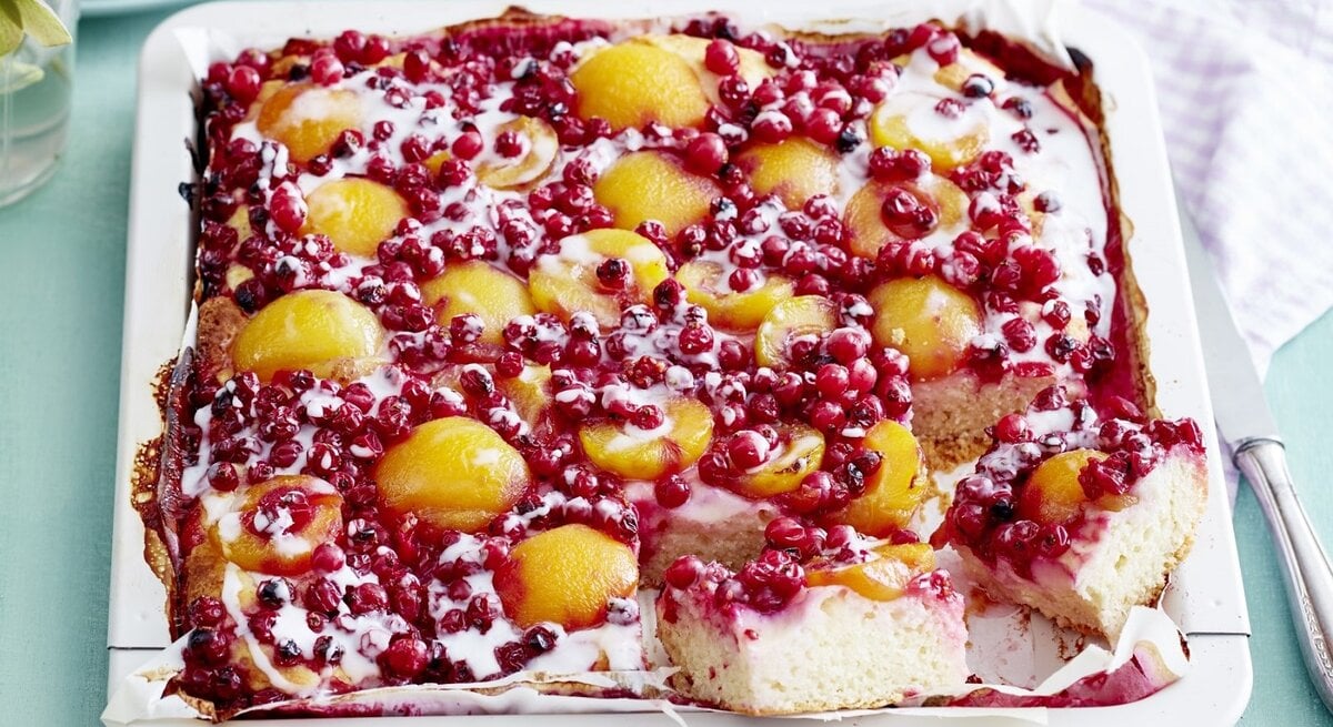Auf einem Blech liegt ein Johannisbeer-Aprikosen-Blechkuchen. Er ist mit Soße und Guss überzogen und mit Johannisbeeren und Aprikosen belegt.