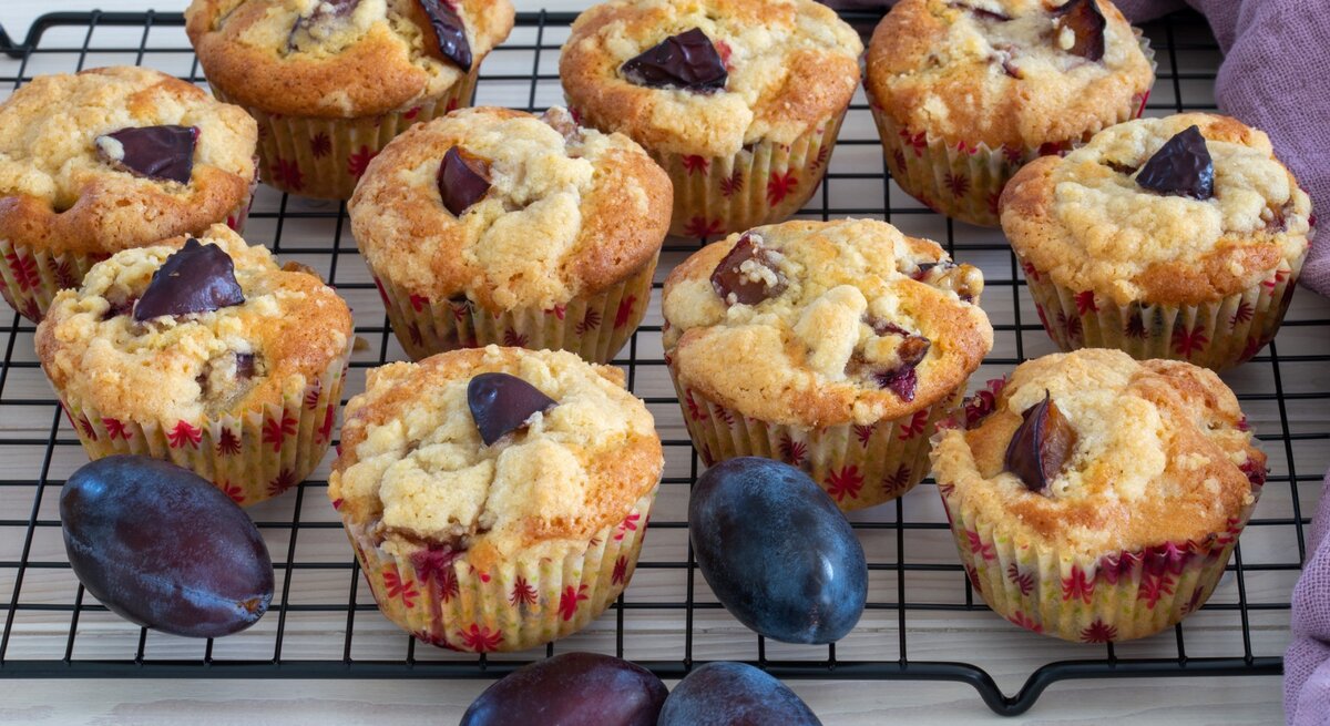 Pflaumen-Muffins mit griechischem Joghurt liegen auf einem Gitter. Daneben liegt ein violettes Tuch und einige Pflaumen. 