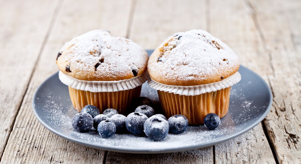 Frontalsicht: Auf einem Holzuntergrund steht ein grauer Teller mit zwei Joghurt-Muffins mit Beeren. Neben den Muffins liegen frische Blaubeeren.
