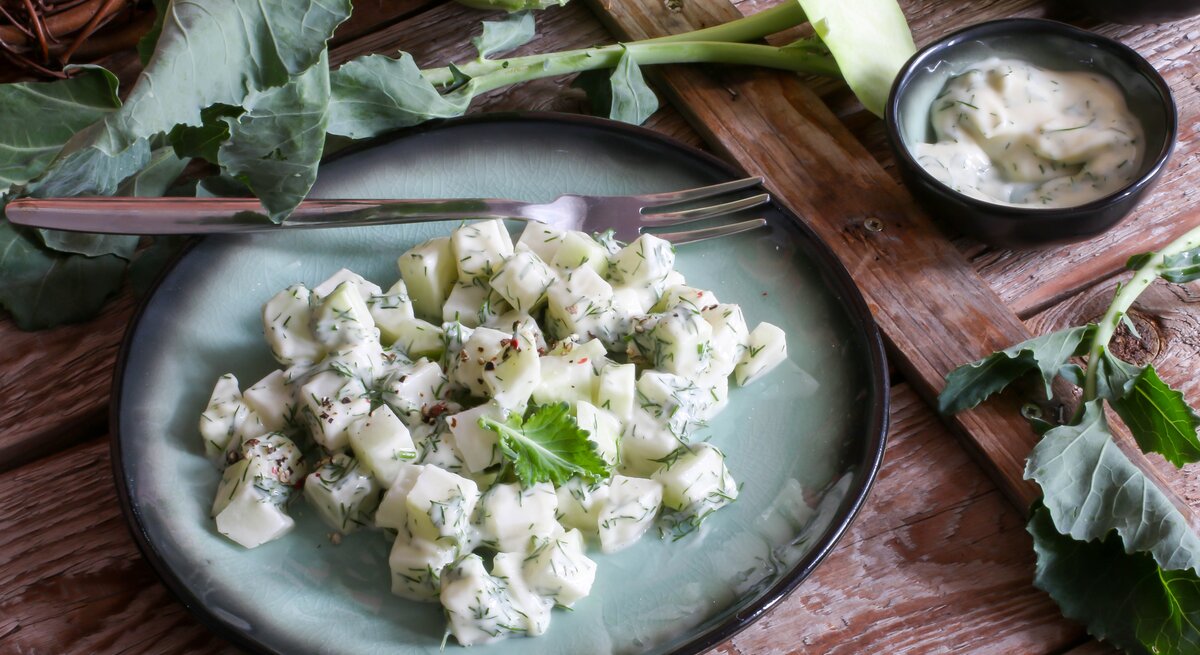 Schräge Draufsicht: ein blau-schwarzer Teller Kohlrabi-Joghurt-Salat steht auf einem dunklen Holztisch. Drum herum liegt frischer Kohlrabi. Und danaben ist ein Schälchen mit einer cremigen Soße.