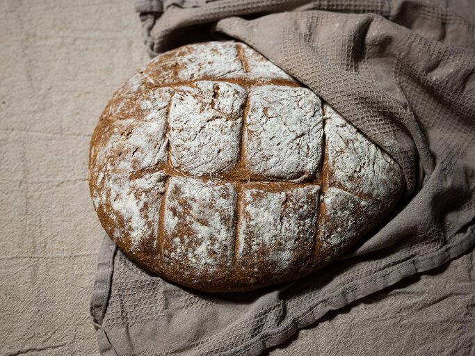 Draufsicht, schräg: Ein Hopfenbrot, das zu Hälfte in einem brauen Leinentuch eingeschlagen ist. | © Shutterstock / Marvin Glodek