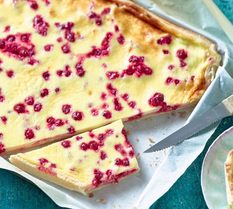 Auf einem Backblech liegt ein Johannisbeer-Schmandkuchen. Er ist cremig und leicht.  | © EAT CLUB / Isabell Triemer 