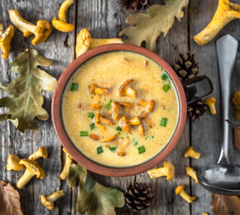 Aus der Vogelperspektive: eine Schüssel Kartoffelsuppe mit Pfifferlingen stehtauf einem Untergund aus Holz. Drumherum liegen Blätter, Tannenzapfen und frische  Pfifferling sowie eine Suppenkelle. | © Getty Images / alicjane