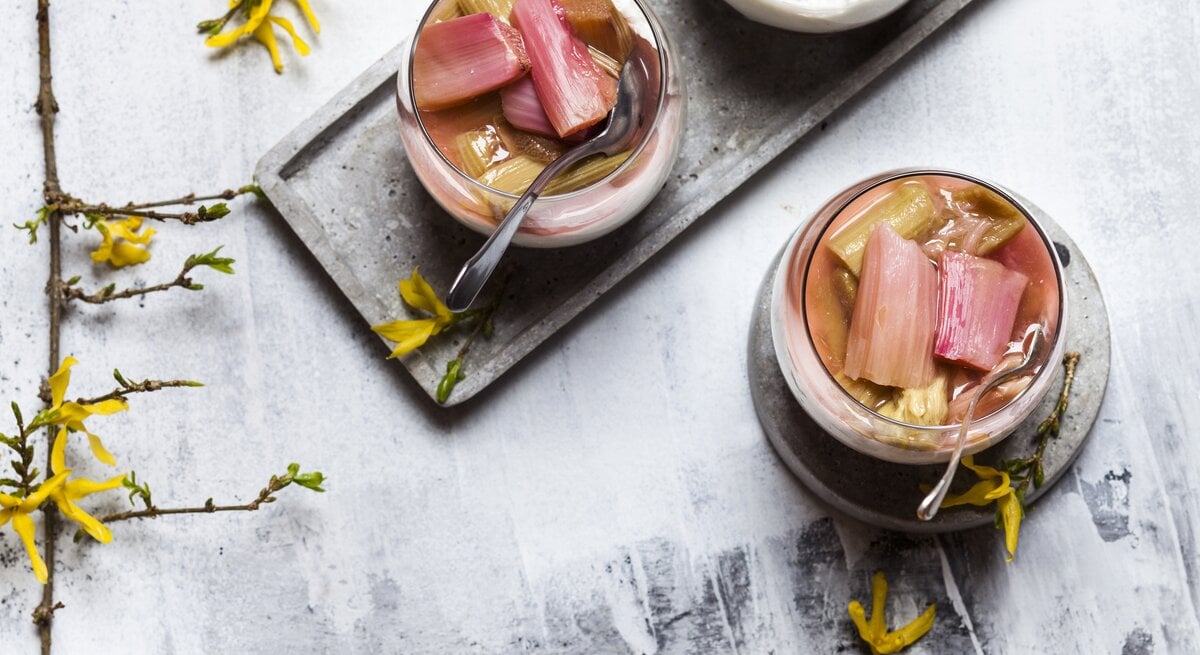 Rhabarber-Quark-Dessert im Glas auf hellem Untergrund in frühlingshaftem Ambiente. 
