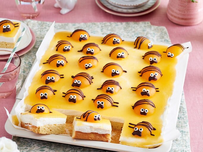 Auf einem Kuchenblech ist ein Käfer-Kuchen angerichtet. Er ist mit kleinen Käfern aus Aprikosen verziert. | © EAT CLUB / Isabell Triemer