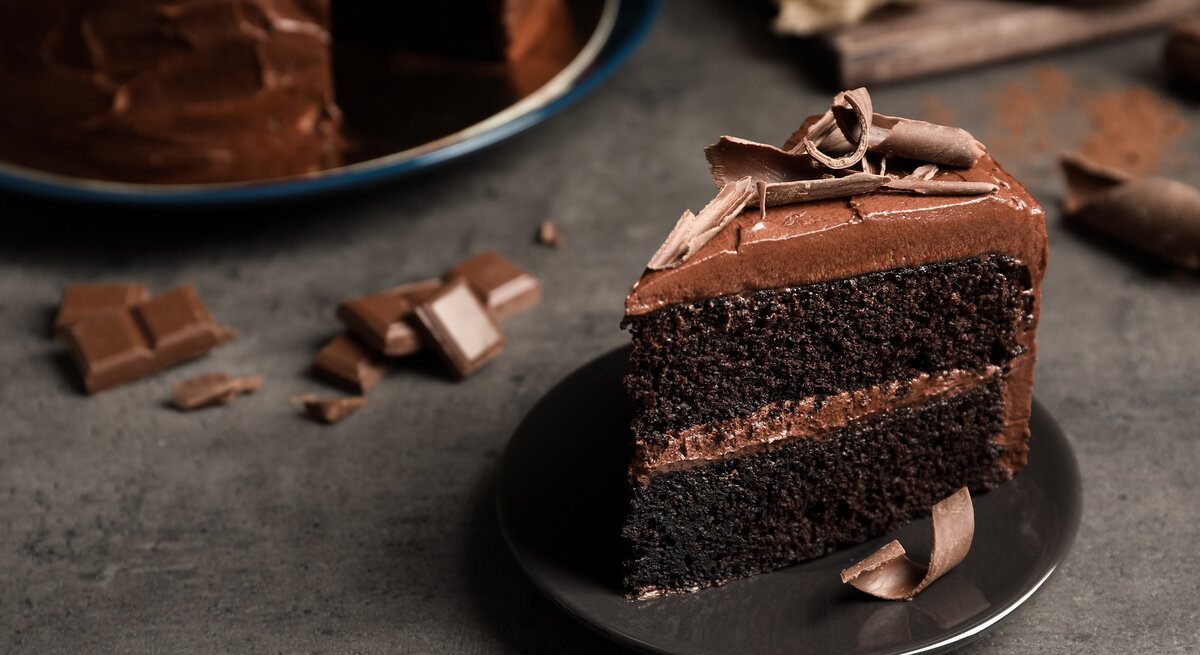 Ein Stück Schokotorte mit selbst gemachter Schokoladencreme auf einem Teller, im Hintergrund die angeschnittene Torte.