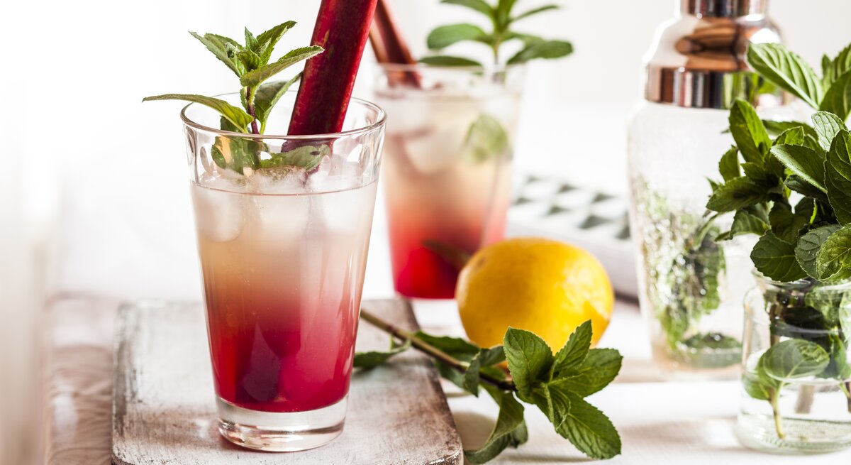 Rhabarber-Gin im Glas auf einem hellen Tisch mit allerlei Cocktaildeko drumherum.