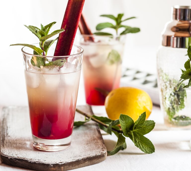 Rhabarber-Gin im Glas auf einem hellen Tisch mit allerlei Cocktaildeko drumherum. | © GettyImages/Westend61