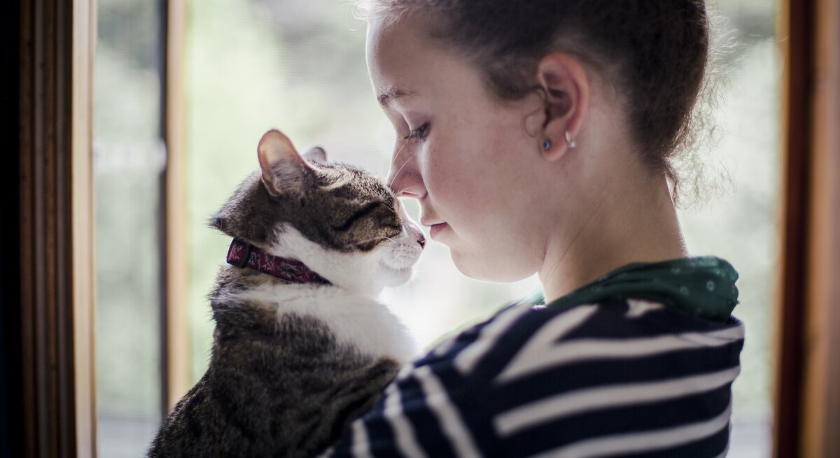 Eine junge Frau steht am Fenster und hält ihre Katze im Arm. Sie schauen sich an. 