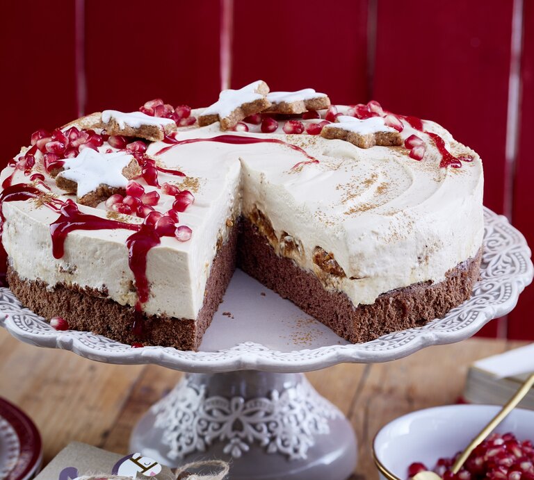 Eine angeschnittene Zimtstern-Tiramisu-Torte  mit Zimtsternen und Granatapfelkernen garniert, auf einem Kuchenständer neben einer Schüssel Granatapfelkerne vor einem roten Holzhintergrund.  | © EAT CLUB/Isabell Triemer 