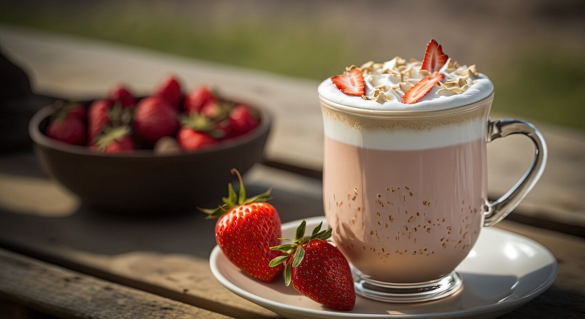 Ein Glas Erdbeer-Eiskaffee mit Sahnehaube / Holztisch / Nahaufnahme / Frontal | © Adobe Stock/ QuietWord