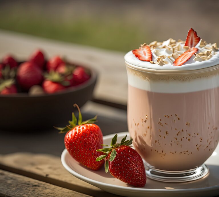 Ein Glas Erdbeer-Eiskaffee mit Sahnehaube / Holztisch / Nahaufnahme / Frontal | © Adobe Stock/ QuietWord