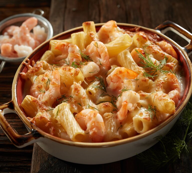 Frontalsicht: Auf einem dunklen Tisch steht eine dunkle Keramik-Auflaufform mit überbackener Pasta mit Dill-Schmand-Garnelen. Daneben liegt ein kleines Sieb mit rohen Garnelen. | © Getty Images / foodandstyle