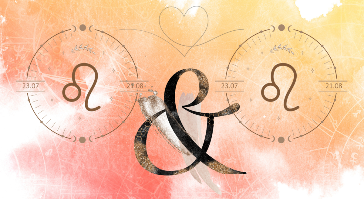 Die astrologischen Symbole der Sternzeichen Löwe und Löwe vor einer orangefarbenen Aquarellzeichnung.
