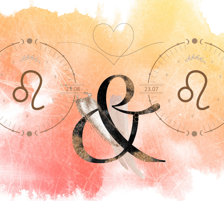 Die astrologischen Symbole der Sternzeichen Löwe und Löwe vor einer orangefarbenen Aquarellzeichnung. | © Shutterstock, Getty Images