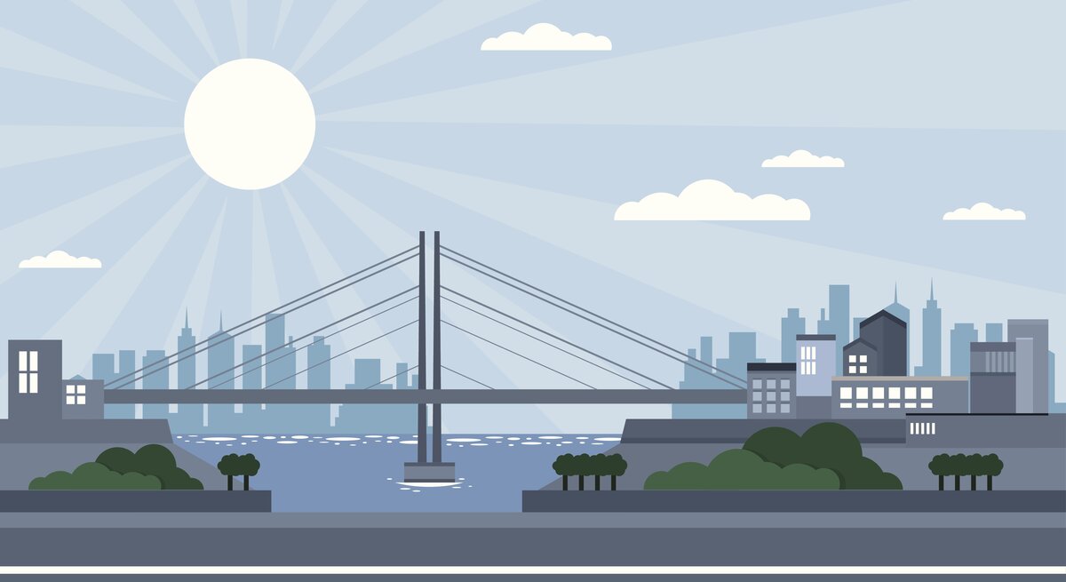 Zu sehen ist eine gemalte Landschaft in deren Zentrum eine Brücke steht, die zwei Teile einer Stadt miteinander verbindet.