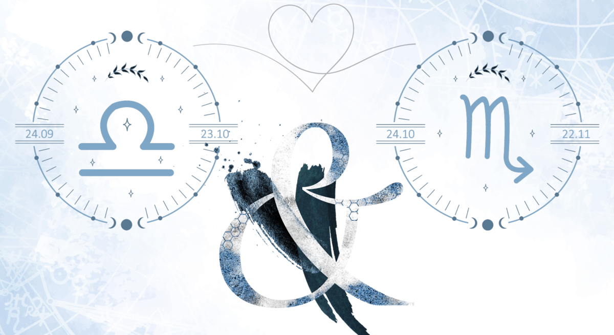 Die astrologischen Symbole der Sternzeichen Waage und Skorpion vor einer hellblauen Aquarellzeichnung.