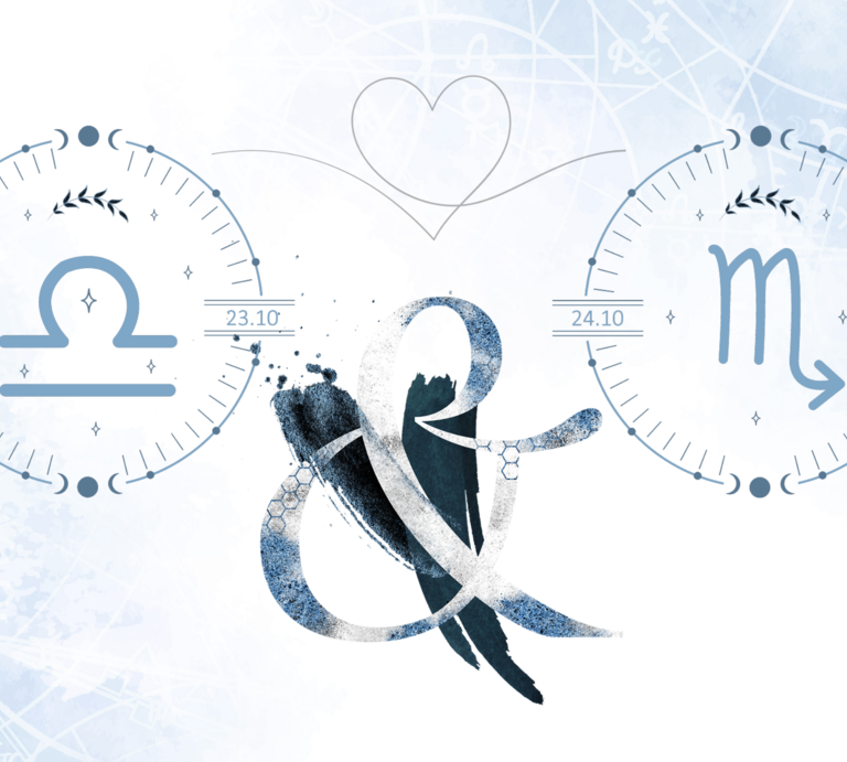 Die astrologischen Symbole der Sternzeichen Waage und Skorpion vor einer hellblauen Aquarellzeichnung. | © Shutterstock, Getty Images