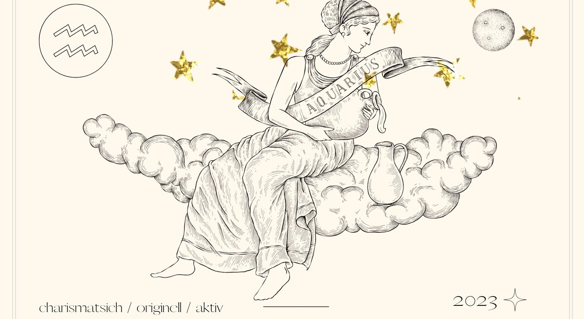 Jahreshoroskop Wassermann: Astrologisches Symbol des Sternzeichens Wassermann vor pastellgelbem Hintergrund.