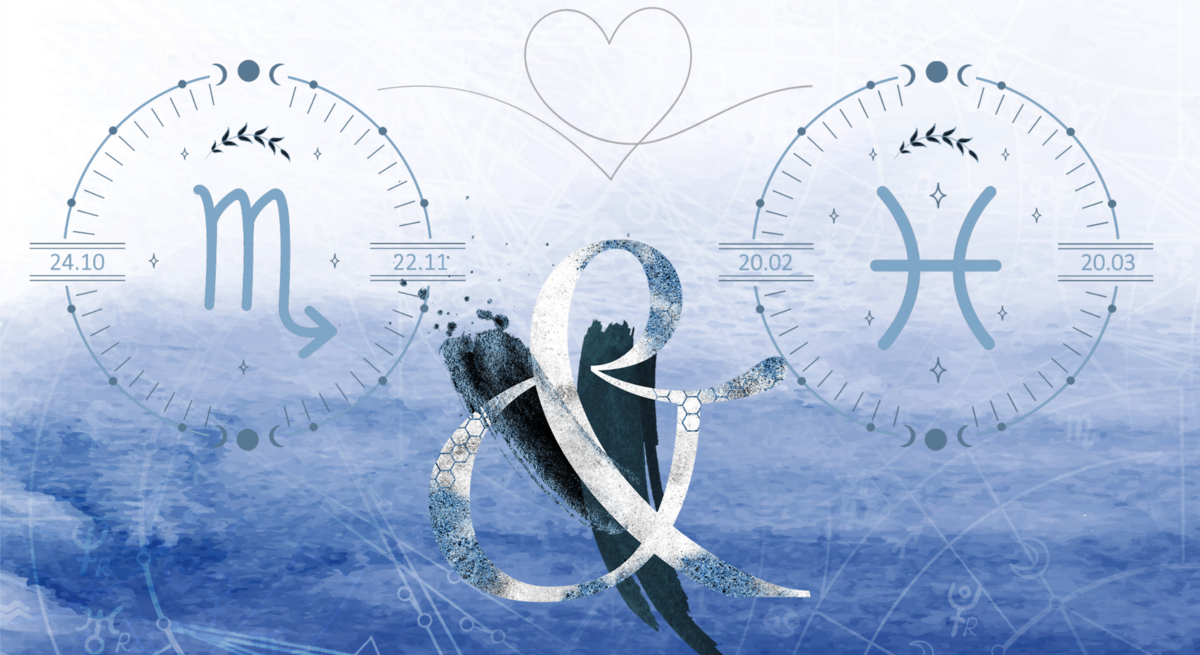 Die astrologischen Symbole der Sternzeichen Skorpion und Fische.