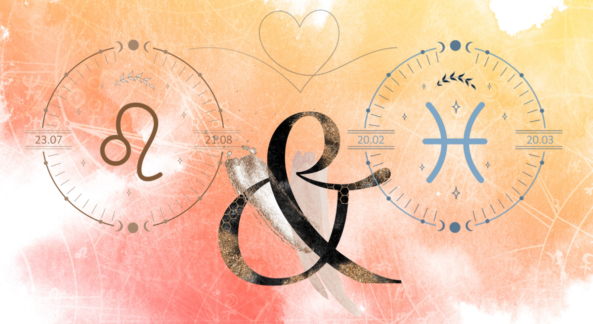 Die astrologischen Symbole der Sternzeichen Löwe und Fische vor einer orange-farbenen Aquarellzeichnung.