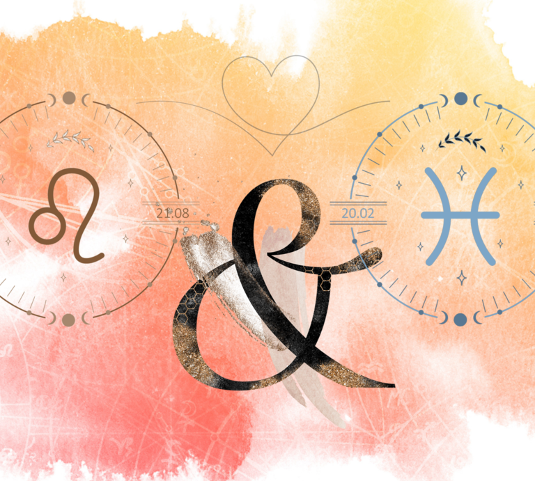 Die astrologischen Symbole der Sternzeichen Löwe und Fische vor einer orange-farbenen Aquarellzeichnung. | © Shutterstock, Getty Images