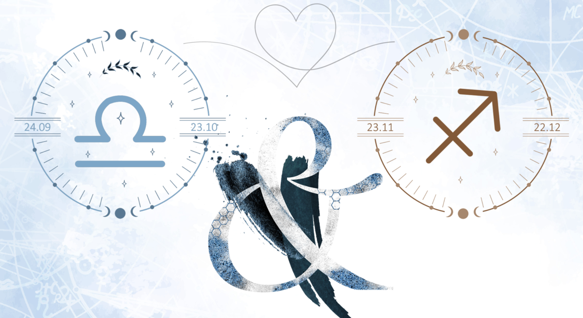 Die astrologischen Symbole der Sternzeichen Waage und Schütze.