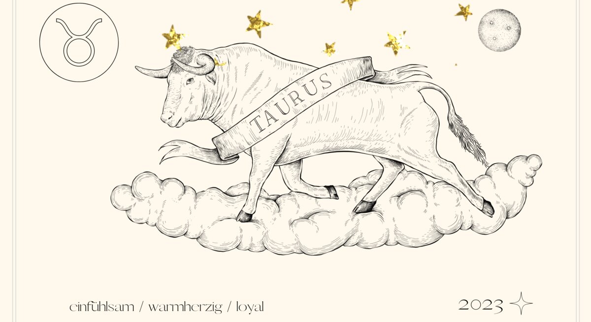 Jahreshoroskop Stier: Astrologisches Symbol des Sternzeichens Stier vor pastellgelbem Hintergrund.