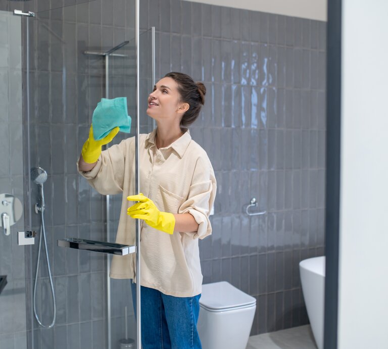 Eine junge Frau reinigt Ihre Dusche. | © Shutterstock/Dmytro Zinkevych