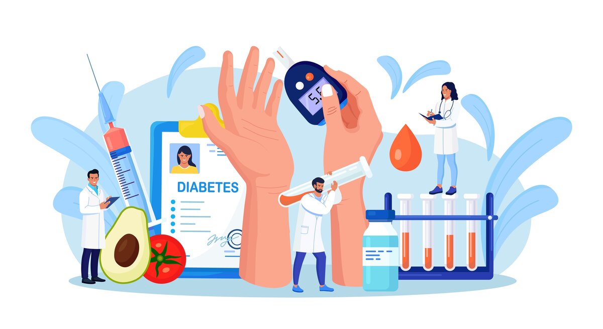 Eine Illustration, die verschiedene Aspekte von Diabetes darstellt. Im Zentrum steht eine große, schützende Hand, die ein Blutzuckermessgerät mit einer Anzeige von 5.0 hält, umgeben von medizinischem Personal und Diabetesbehandlungs-Tools. Links ist ein Arzt zu sehen, der ein Tablet hält, daneben eine große Injektionsspritze und Avocado mit Tomate, symbolisch für gesunde Ernährung. Auf der rechten Seite steht eine Ärztin auf einem Reagenzglasständer neben Blutproben und einer Insulinflasche. Die Szene ist in freundlichen, hellen Farbtönen gehalten, die eine positive Atmosphäre ausstrahlen.