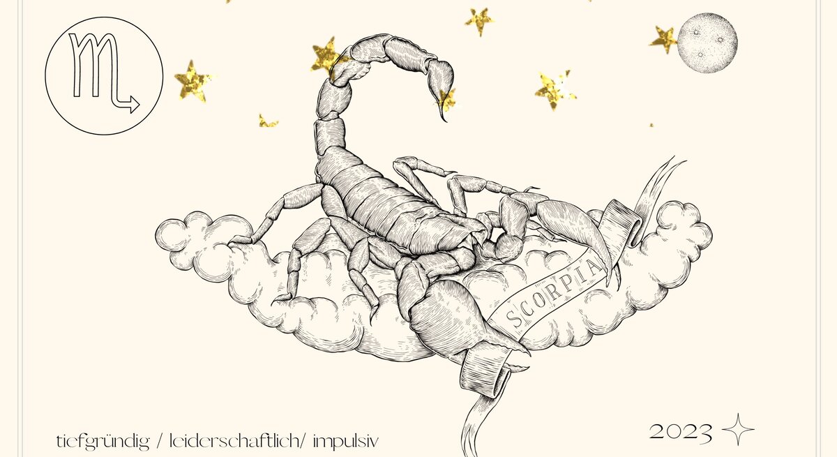 Jahreshoroskop Skorpion: Astrologisches Symbol des Sternzeichens Skorpion vor pastellgelbem Hintergrund.