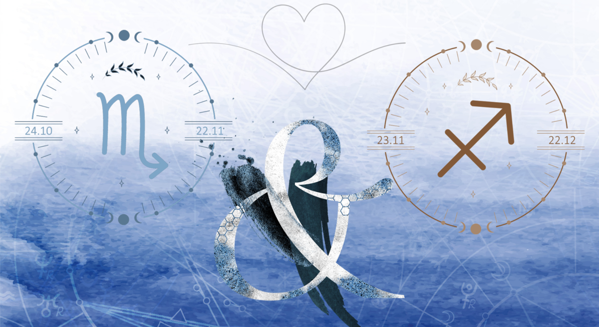 Die astrologischen Symbole der Sternzeichen Skorpion und Schütze.