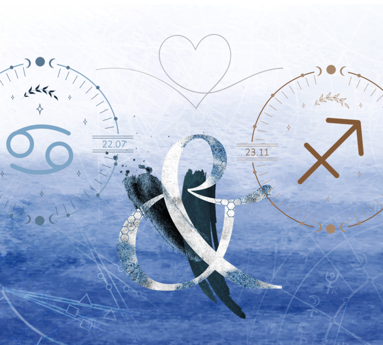 Die astrologischen Symbole der Sternzeichen Krebs und Schütze. | © Shutterstock, Getty Images