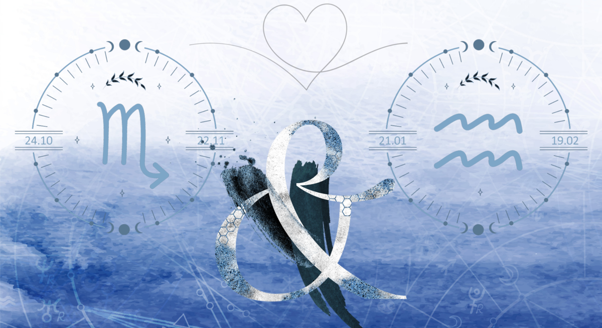 Die astrologischen Symbole der Sternzeichen Skorpion und Wassermann.