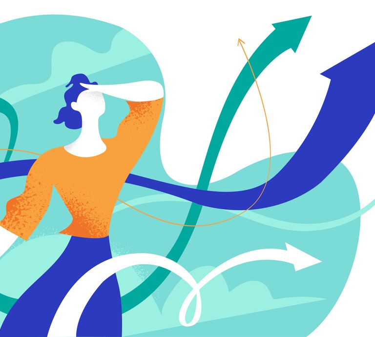 Grafik einer Frau, die nach oben schaut, umgeben von geschwungenen Pfeilen, die nach oben weisen. | © Adobe Stock/ Hurca!