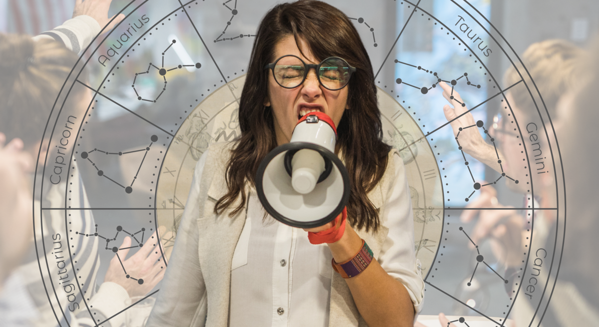 Frau mit einem Megaphon in einem Büro, umrandet von einem astrologischen Tierkreis.
