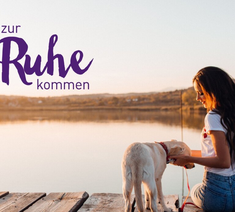 Eine Frau sitzt entspannt auf einem Holzsteg am Ufer eines Sees und streichelt liebevoll einen weißen Hund, der neben ihr steht. Sie trägt ein weißes T-Shirt und Jeans, und ihre langen dunklen Haare fallen über ihre Schultern. Die Szene ist in warmes, weiches Abendlicht getaucht, das eine friedliche und ruhige Atmosphäre schafft. Im Hintergrund sind sanfte Hügel und der ruhige See zu sehen. Über der Szene steht der Schriftzug "#zur Ruhe kommen" in großer lila Schrift, was auf einen Moment der Entspannung und des Einklangs mit der Natur hindeutet. | © iStock.com/MMPhotography