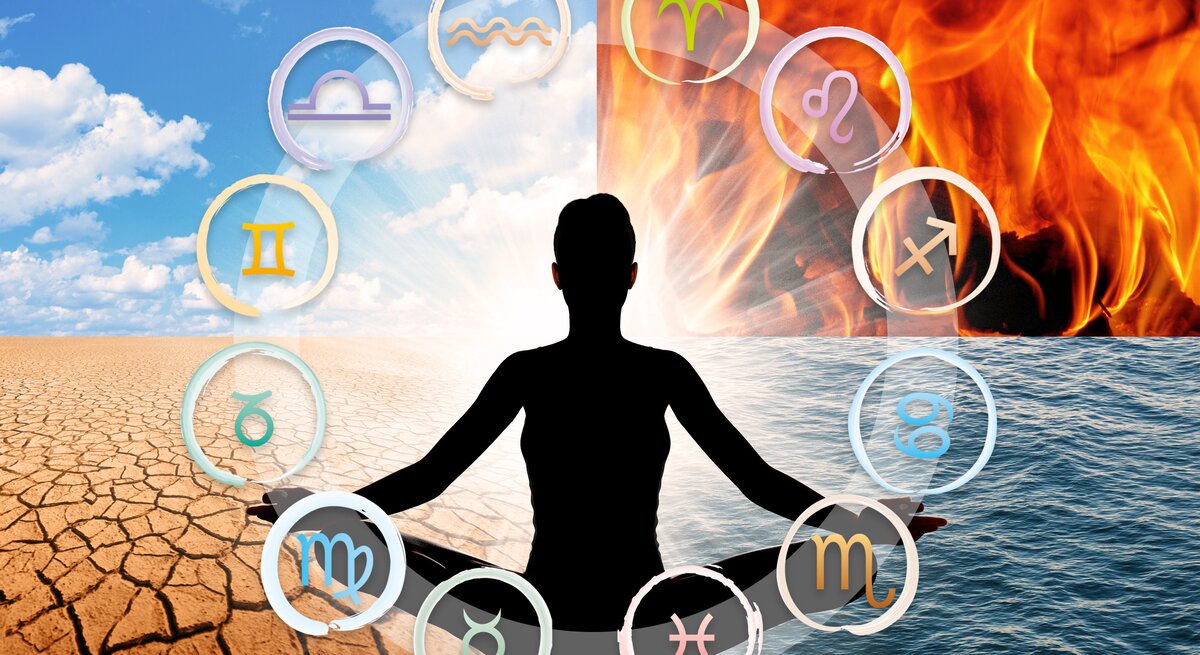Die schwarze Silhouette eines Menschen sitzt im Schneiderzeit im Vordergrund und ist umgeben vom Tierkreis mit den 12 astrologischen Symbolen der Sternzeichen. Das Bild dahinter ist viergeteilt: Auf jedem Bild ist eines der Vier Elemente abgebildet: Feuer, Wasser, Luft und Erde.