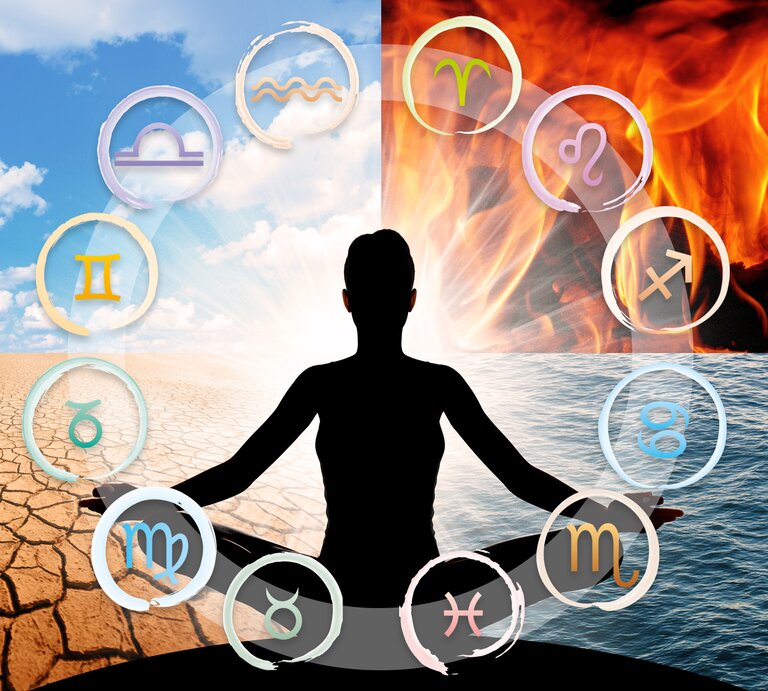 Die schwarze Silhouette eines Menschen sitzt im Schneiderzeit im Vordergrund und ist umgeben vom Tierkreis mit den 12 astrologischen Symbolen der Sternzeichen. Das Bild dahinter ist viergeteilt: Auf jedem Bild ist eines der Vier Elemente abgebildet: Feuer, Wasser, Luft und Erde. | © Getty Images [M]