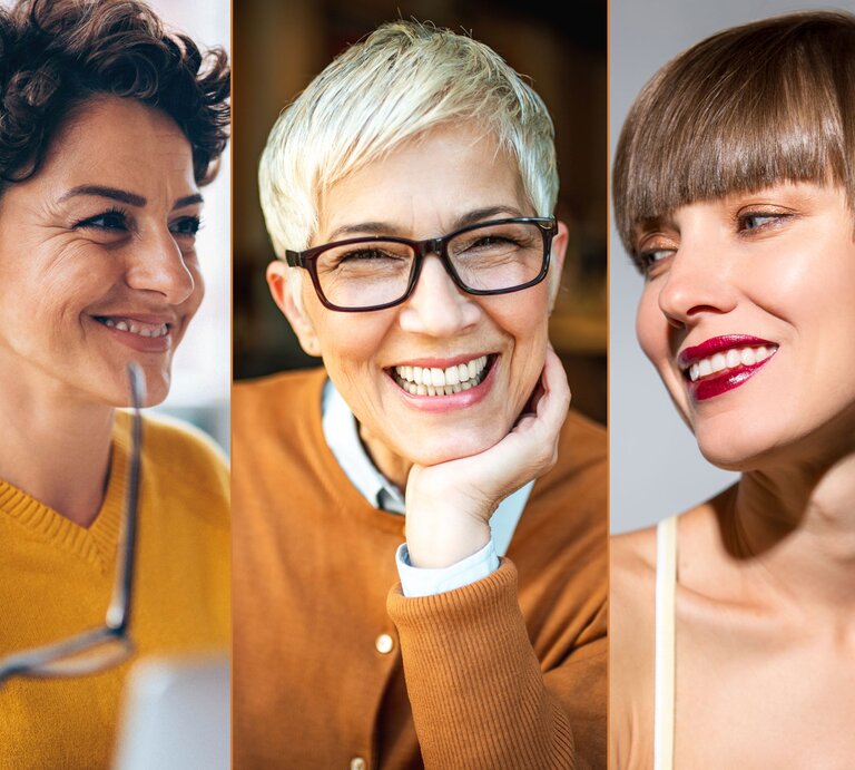 Drei Frauen mit unterschiedlichen Kurzhaarfrisuren. Die erste Frau links hat lockiges Haar. Die Frau in der Mitte trägt eine Brille und hat kurzes, silbernes Haar, das stilvoll nach vorne gestylt ist. Die dritte Frau rechts hat glattes, braunes Haar in einem modernen Bob-Schnitt mit Pony. Alle drei Frauen lächeln. | © iStock, Shutterstock [M]