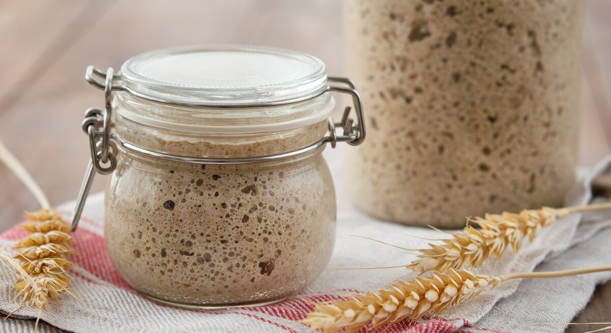 Frontal: Zwei Gläser mit einem großporigem Sauerteig auf einem Küchenhandtuch. So geht Sauerteig haltbar machen.
