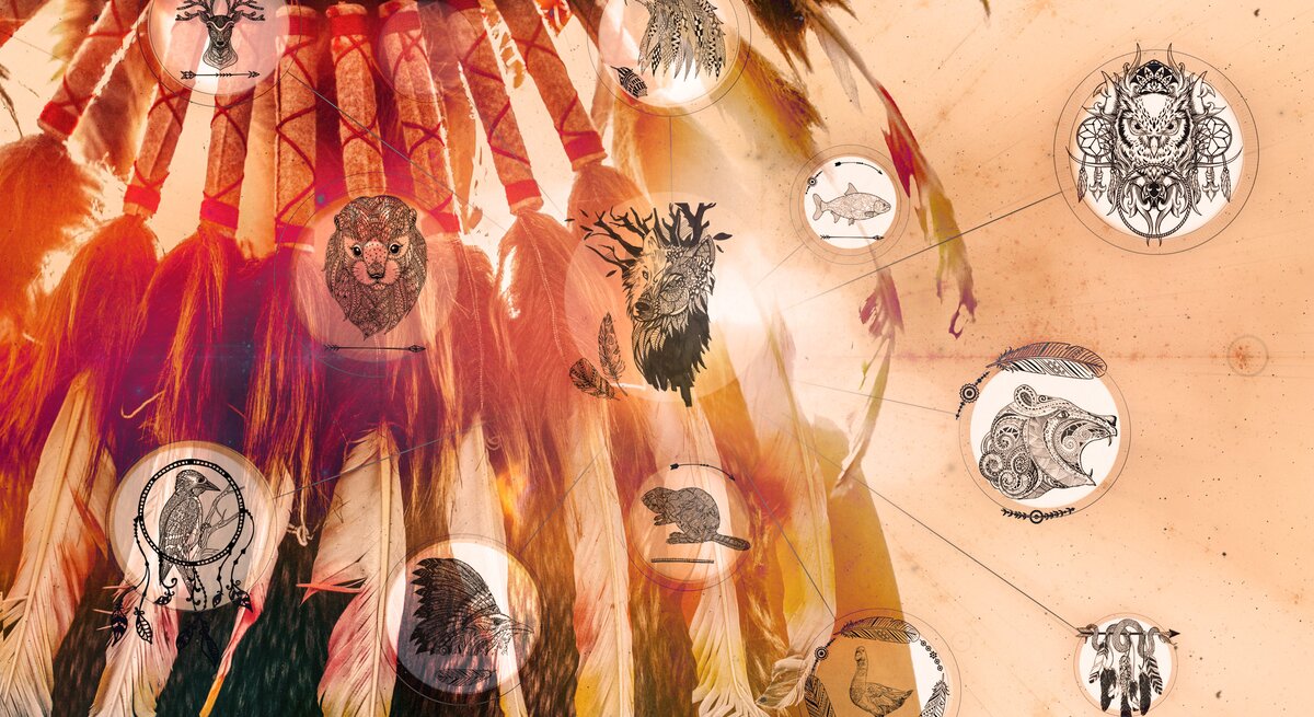 Collage mit den Symbolen des indianischen Horoskopes.
