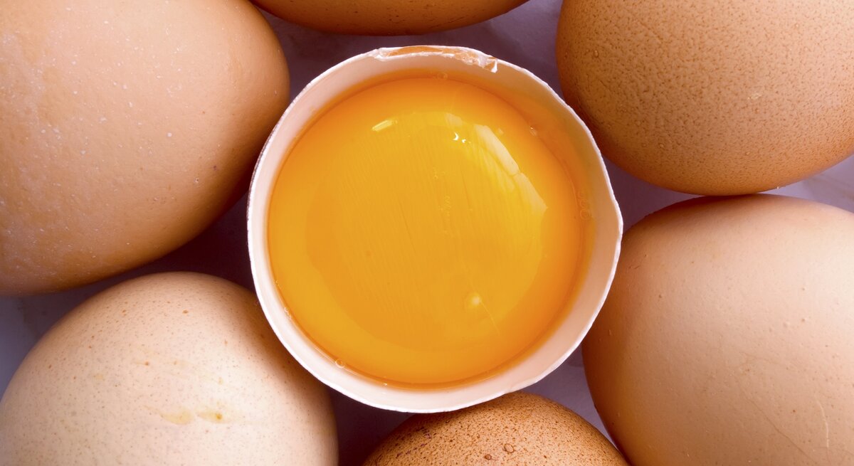 Mehrere Eier liegen um ein aufgeschlagenes Ei. Man sieht das orange Eigelb.