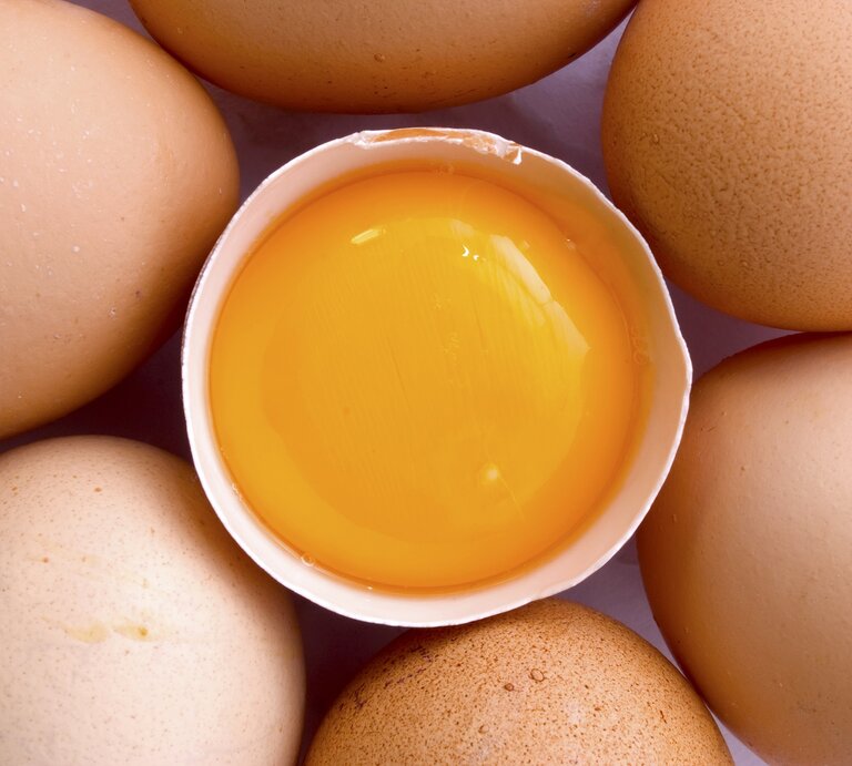 Mehrere Eier liegen um ein aufgeschlagenes Ei. Man sieht das orange Eigelb. | © Shutterstock / Gayvoronskaya_Yana